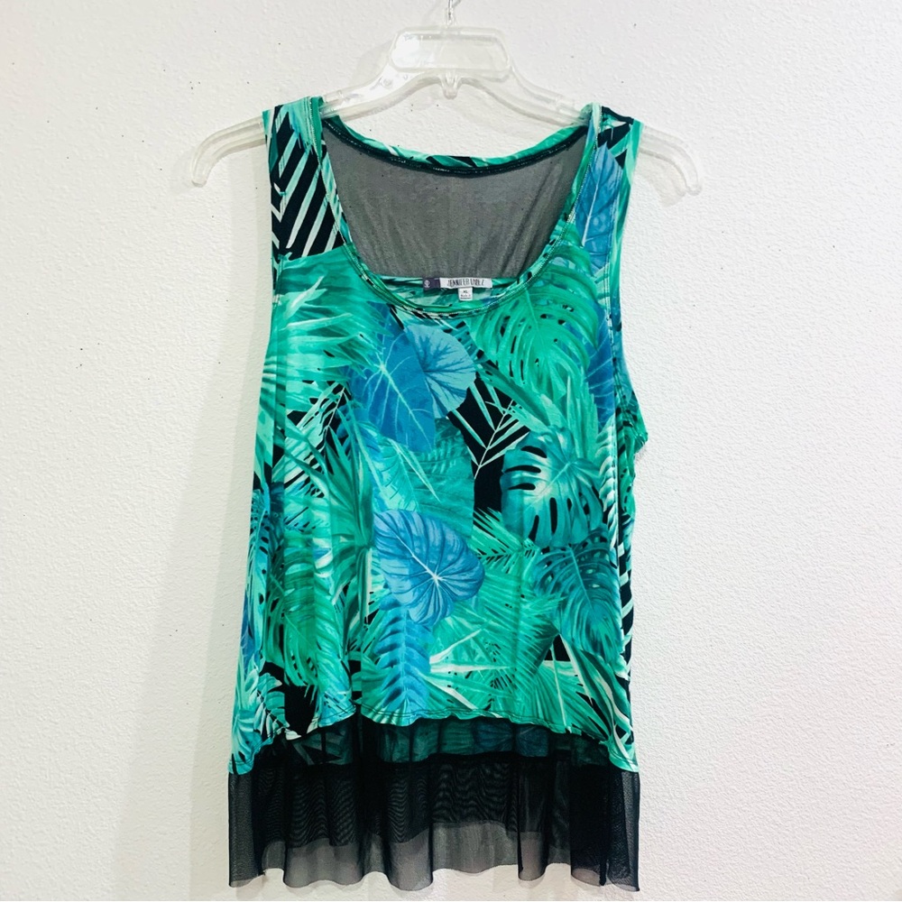 Tropical Leaf Print Sleeveless Tank Top with Black Lace Hem, black green blue